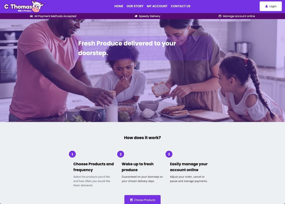 C Thomas Milk and Produce website homepage, showing a family at breakfast and a three-step how it works section