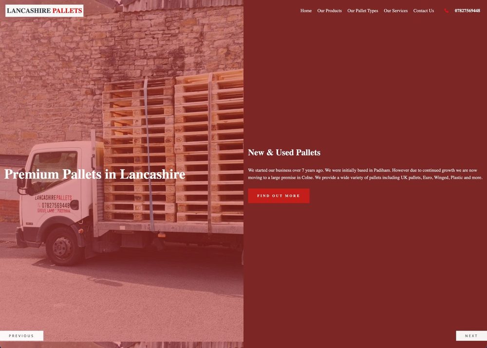 Lancashire Pallets website homepage, showing a delivery lorry loaded with stacked wooden pallets